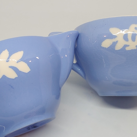 Harker Pottery White Rose Carv-Kraft Creamer and Sugar Bowls Powder Blue Vintage - Picture 2 of 16